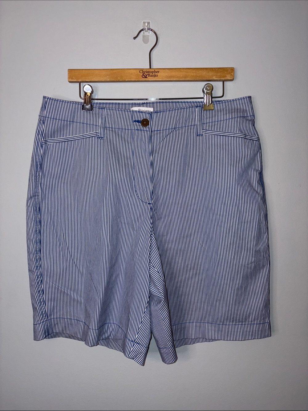 Kim Rogers Blue & White Pinstripe Bermuda Shorts 14